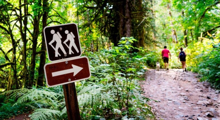 Kuvassa metsäinen polku, jolla kaksi kävelijää. Kyltti vaellusreitille.